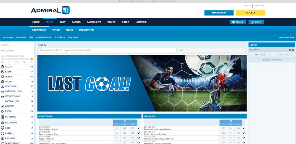 La pagina scommesse sportive di AdmiralYES