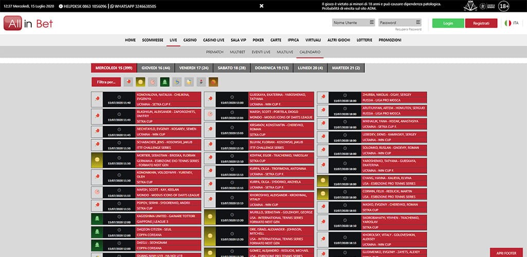 Calendario eventi per le scommesse AllinBet