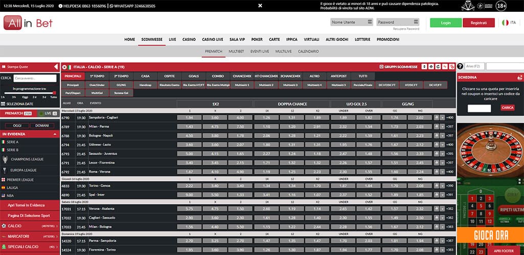 Pagina generale delle scommesse su AllinBet