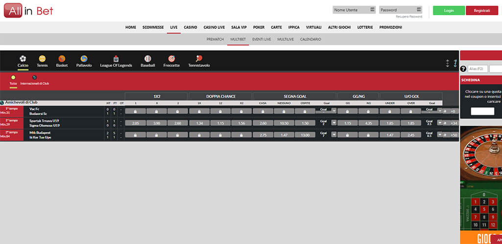 La pagina scommesse live multibet di AllinBet