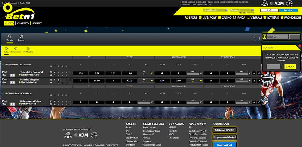 La pagina scommesse live di Betn1