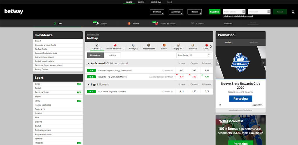 La pagina scommesse live di Betway