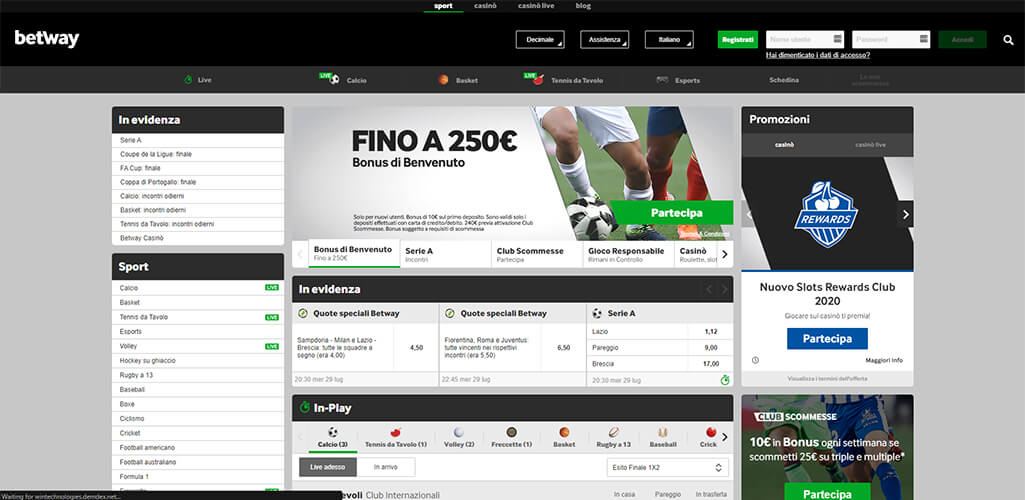 Pagina generale delle scommesse su Betway