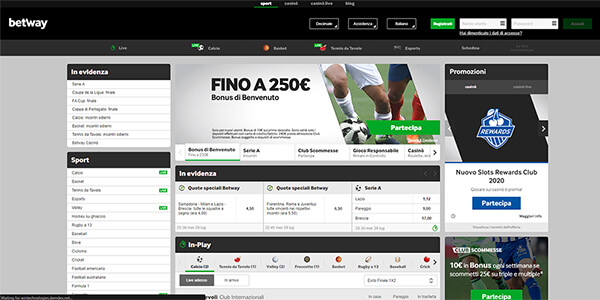 Pagina generale delle scommesse su Betway