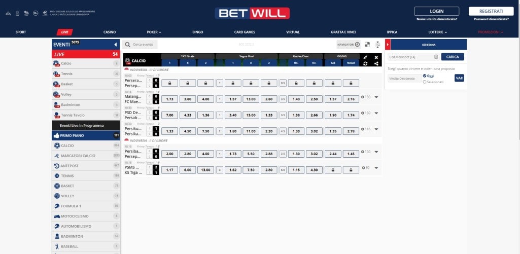 La pagina scommesse live di betwill