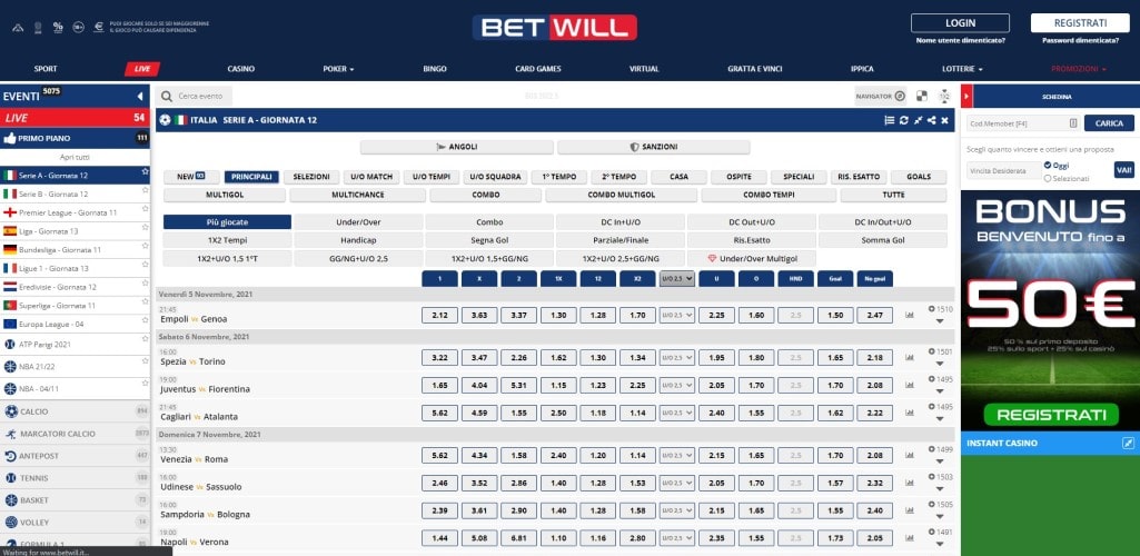 Betwill scommesse sportive