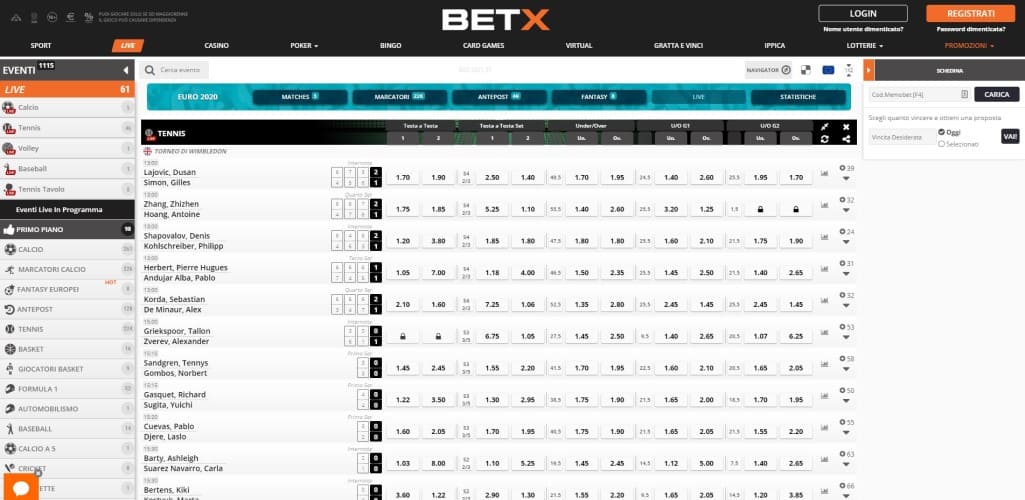 La pagina scommesse live di Betx