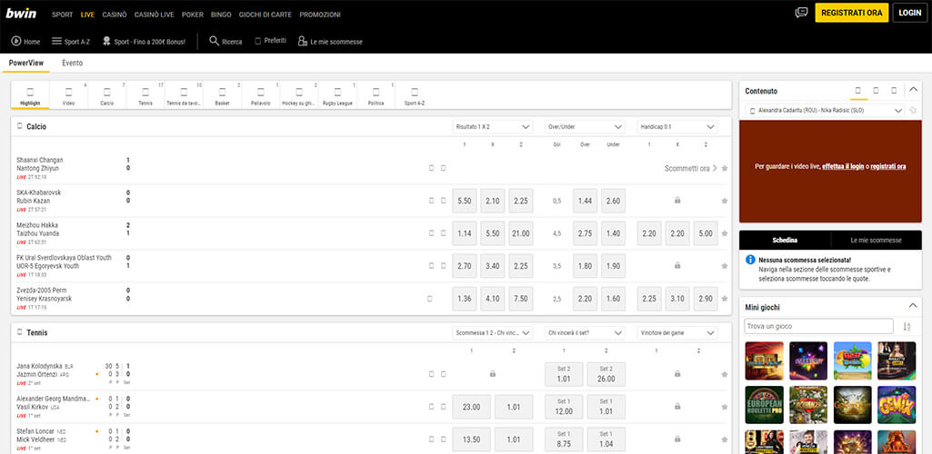 La pagina scommesse live di Bwin