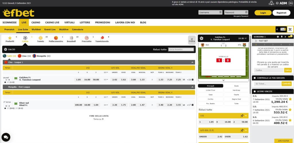 La pagina scommesse live di efbet