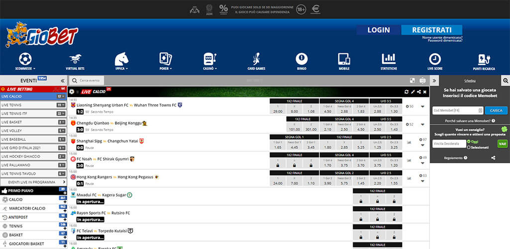 La pagina scommesse live di Giobet