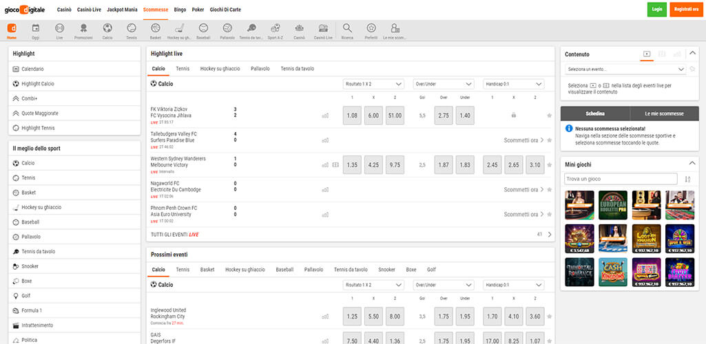 Pagina principale delle scommesse su Gioco Digitale