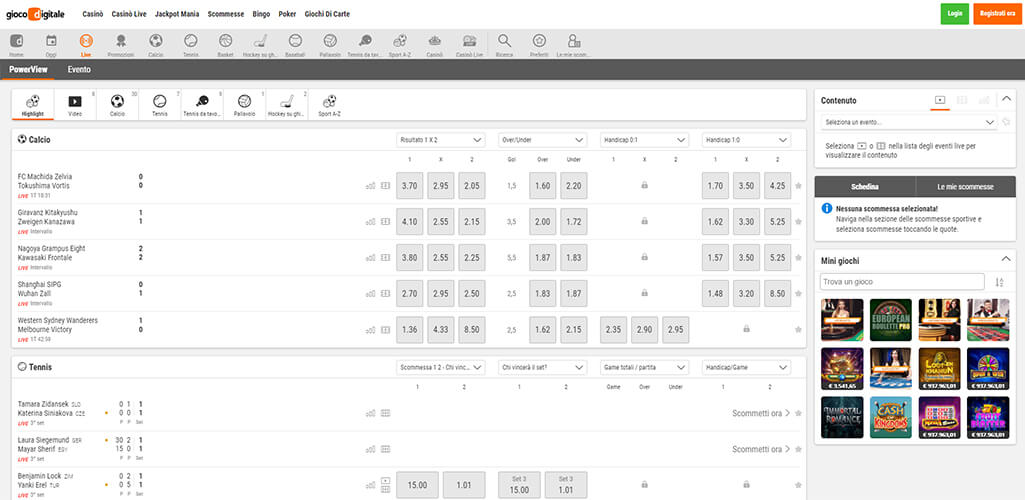 La pagina scommesse live di Gioco Digitale
