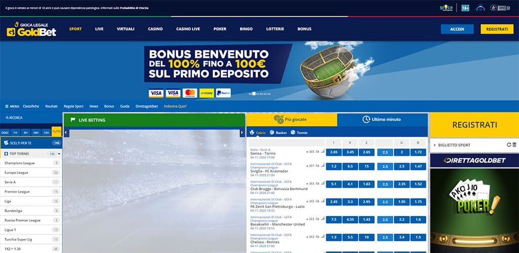 La pagina scommesse sportive di GoldBet