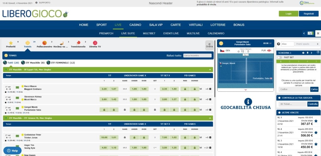 La pagina scommesse live di Liberogioco