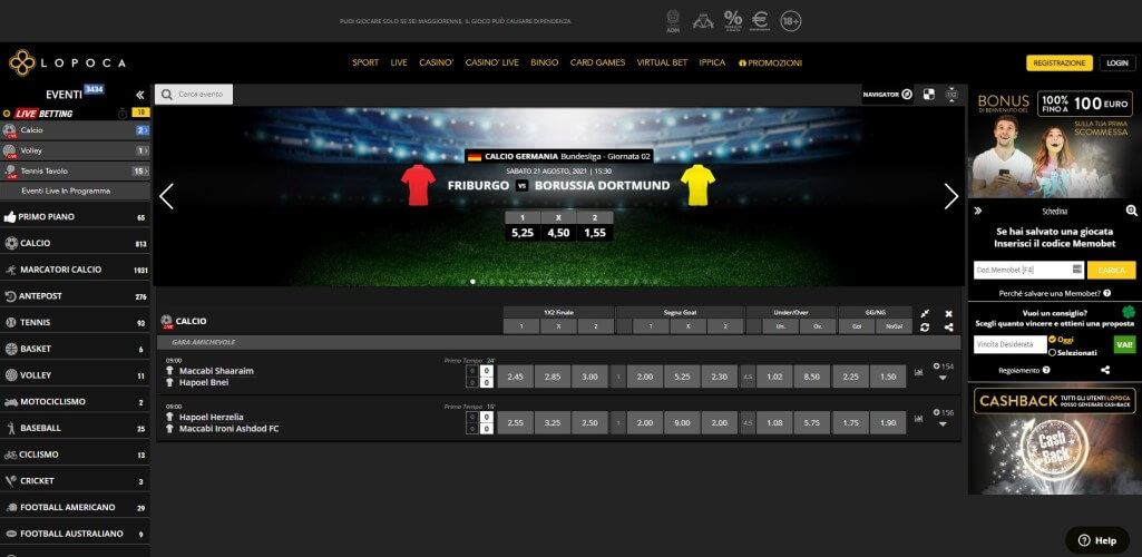 La pagina scommesse live di Lopoca