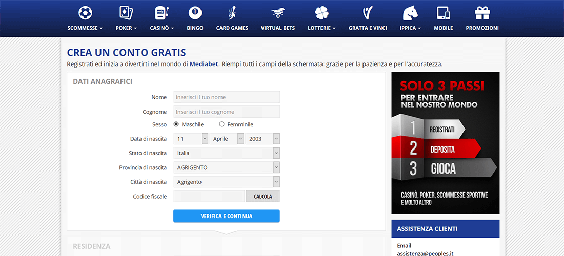 Processo di registrazione Mediabet