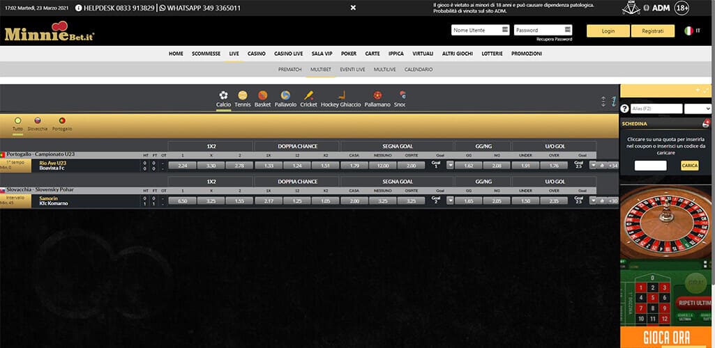 La pagina scommesse live di Minniebet