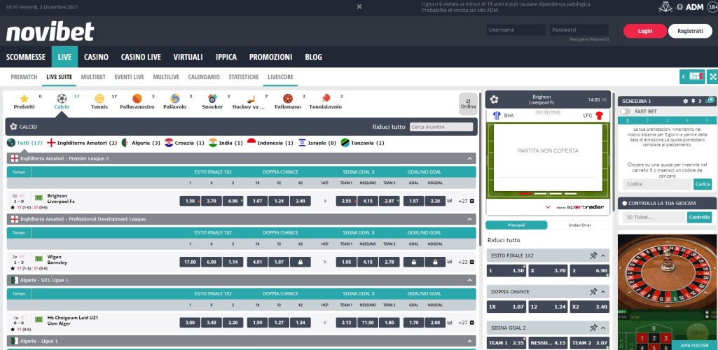 La pagina scommesse live di Novibet