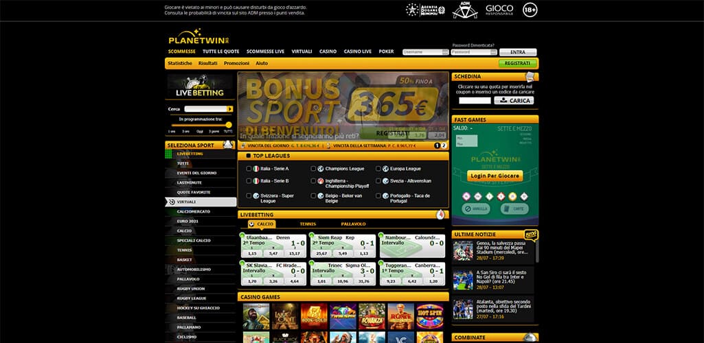 Pagina generale delle scommesse su Planetwin365