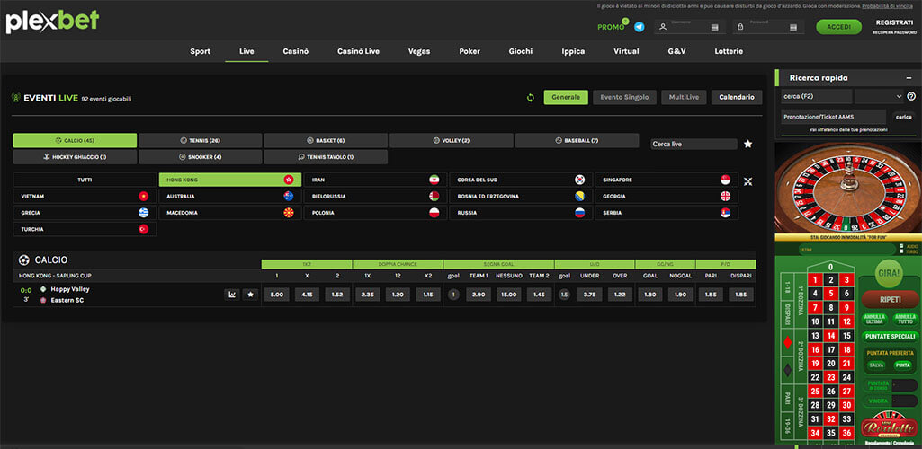 La pagina scommesse live di Plexbet