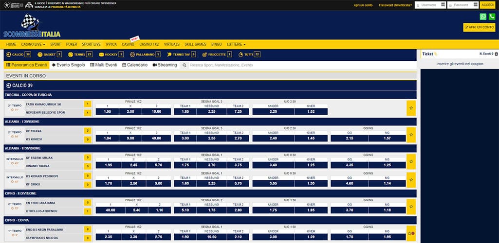 La pagina scommesse live di ScommesseItalia