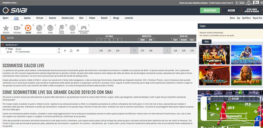 La pagina scommesse live di SNAI
