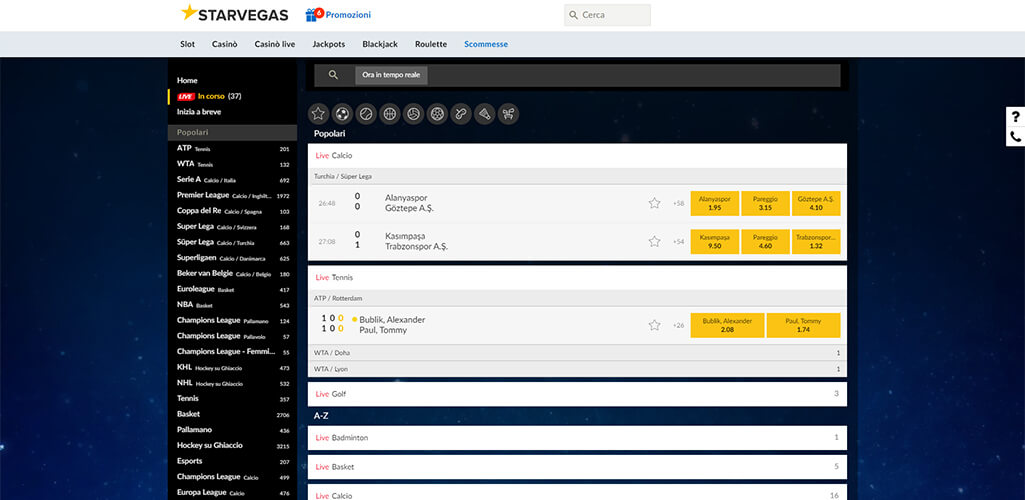 La pagina scommesse live di StarVegas
