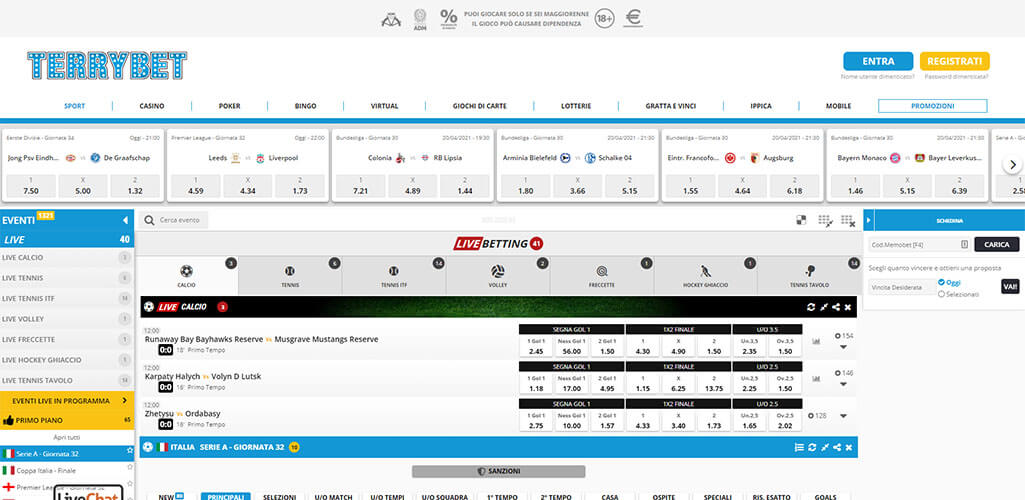 La pagina scommesse live di Terrybet