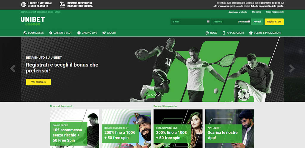 La pagina home di Unibet